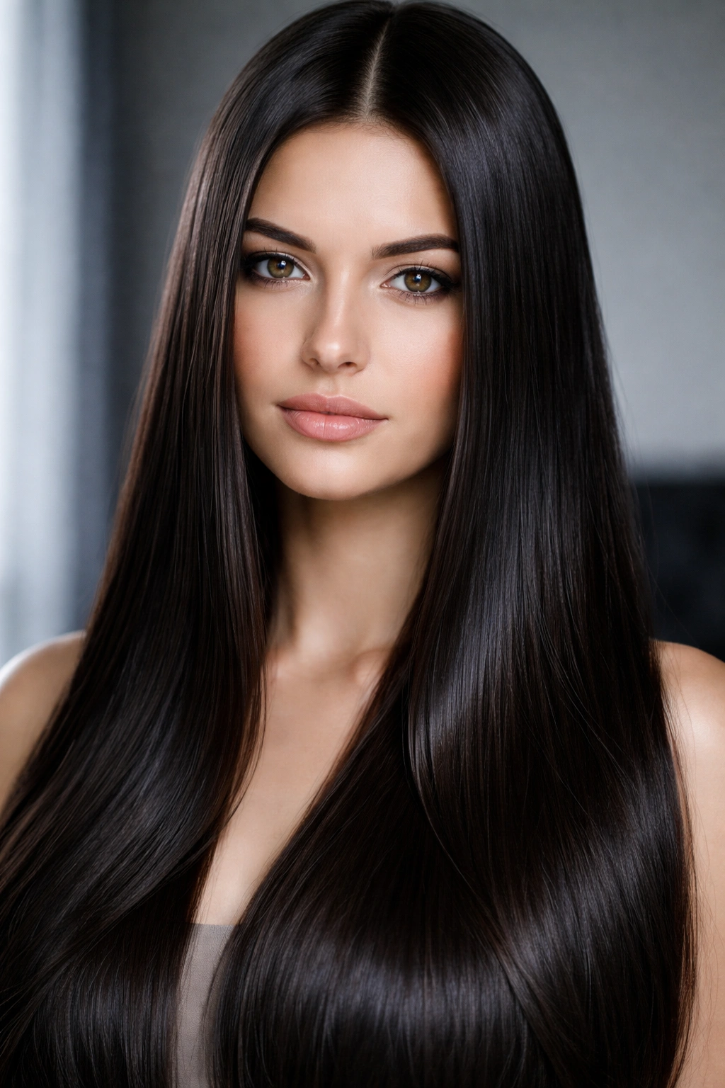 Close-up of straight hair in espresso brown with a mirror-like shine.