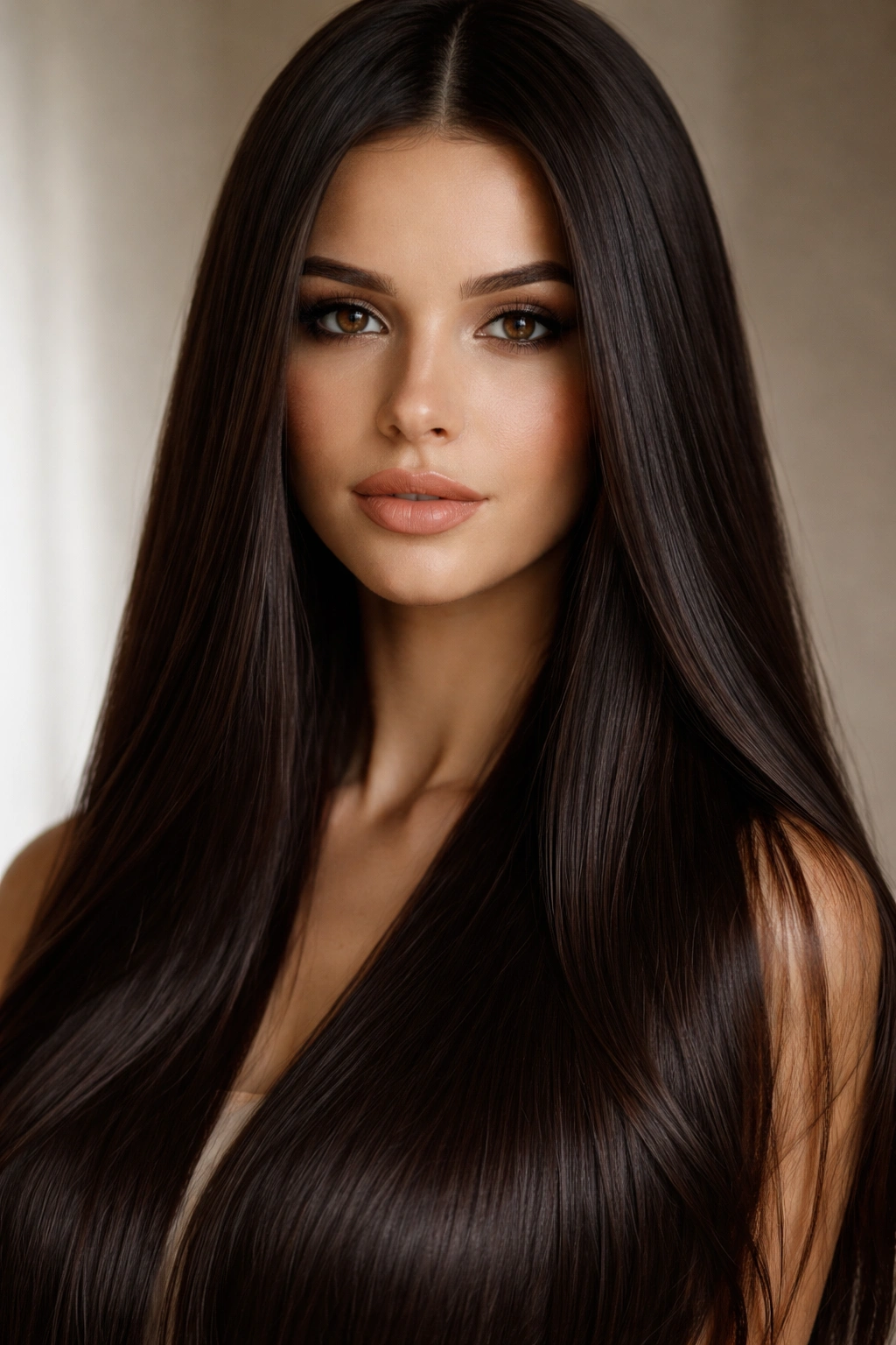 Close-up of straight hair in espresso brown with rich, glossy finish.