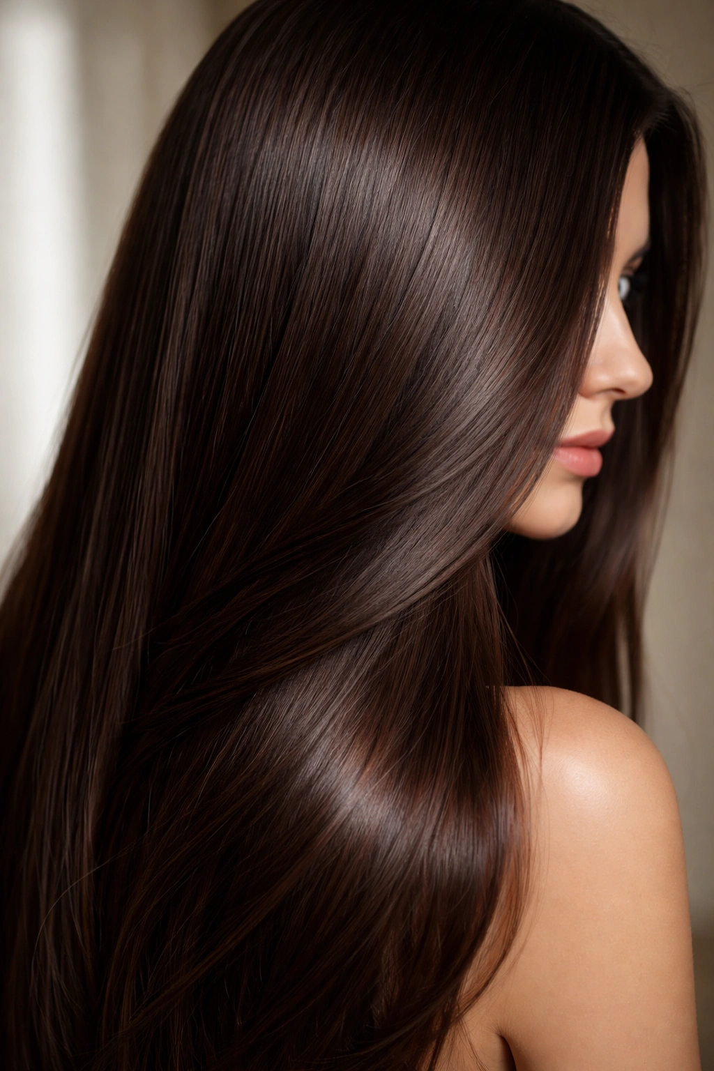 Close-up of straight espresso brown hair with deep, glossy finish