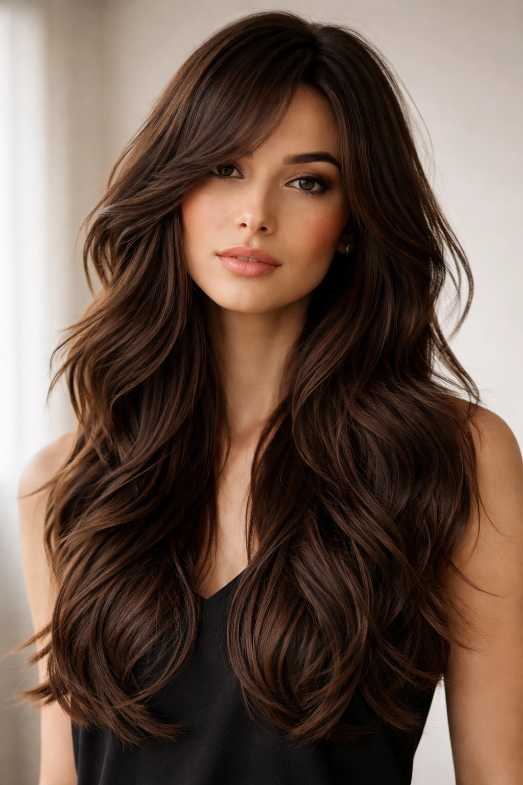 Close-up of espresso brown hair with asymmetrical choppy layers and waves