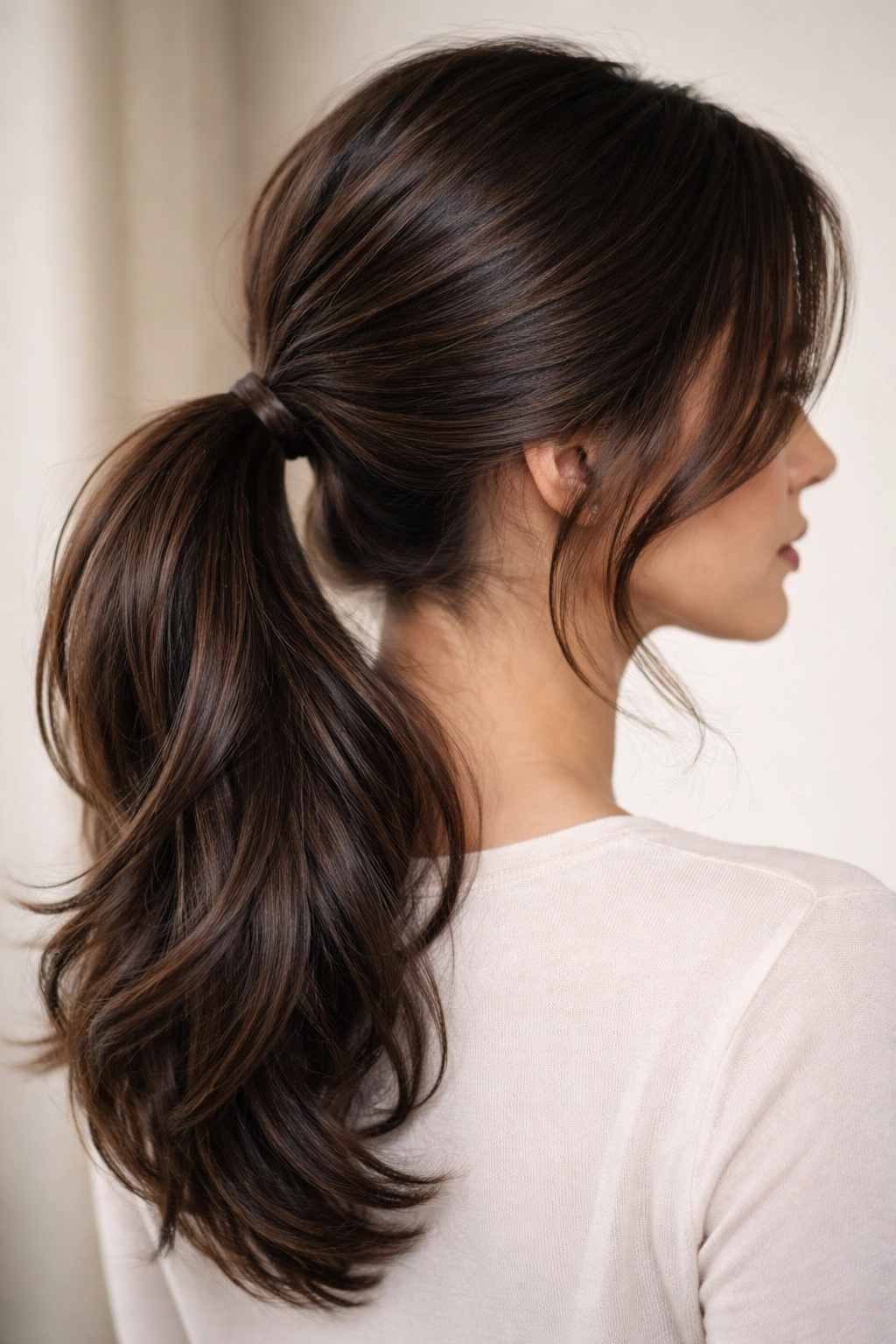 Espresso brown low ponytail with stacked layers