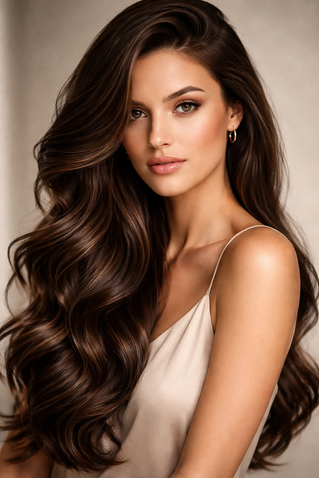 Close-up of Rich Espresso Brown Waves with Side-Swept Styling; glossy deep brown hair with side-swept movement