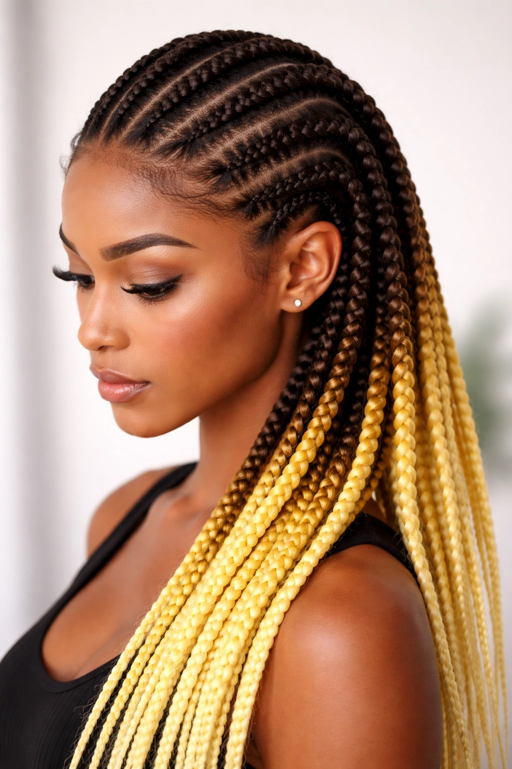 Close-up of espresso to butter yellow feed-in cornrows with bold contrast
