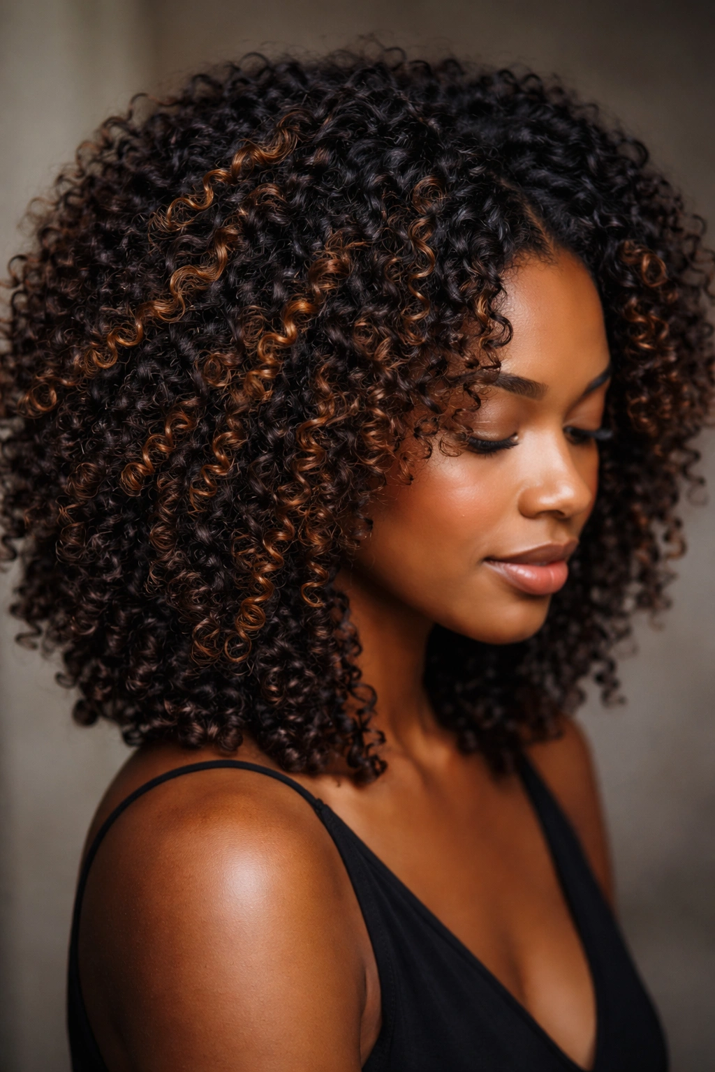 Close-up of espresso brown hair with warm caramel and copper highlights