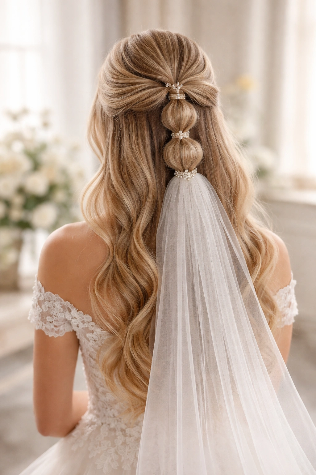 Crown-height bubble braid integrated with a bridal veil flowing behind