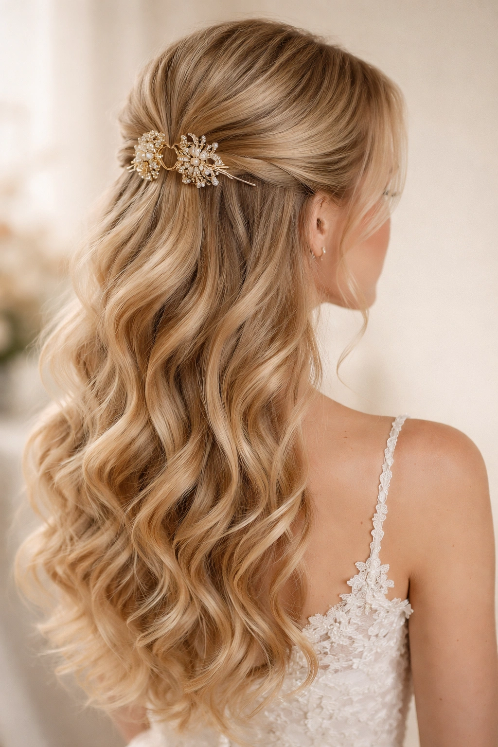 Ethereal delicate half-up hairstyle with twists and clip