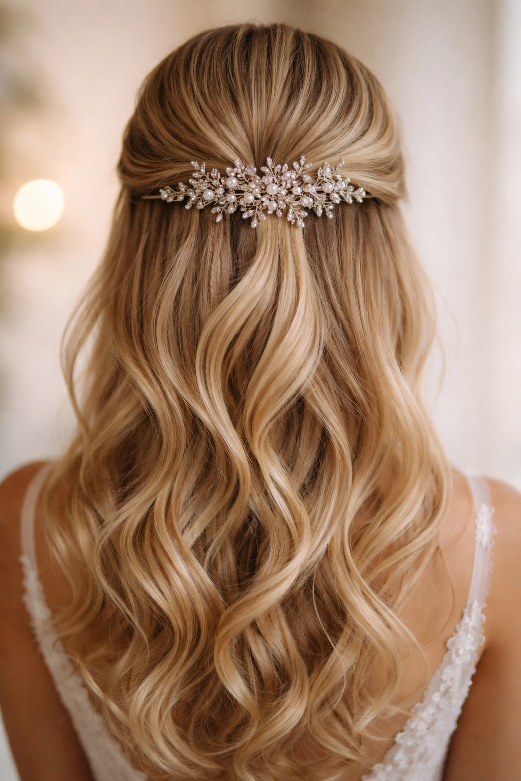 Close-up of an ethereal half up hairstyle with a decorative comb at the crown