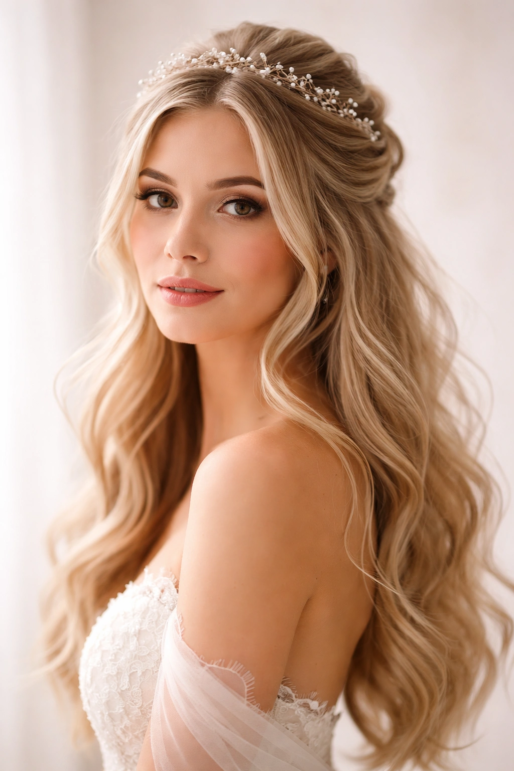 Soft ethereal half-up hairstyle with wispy tiara and loose face-framing strands.