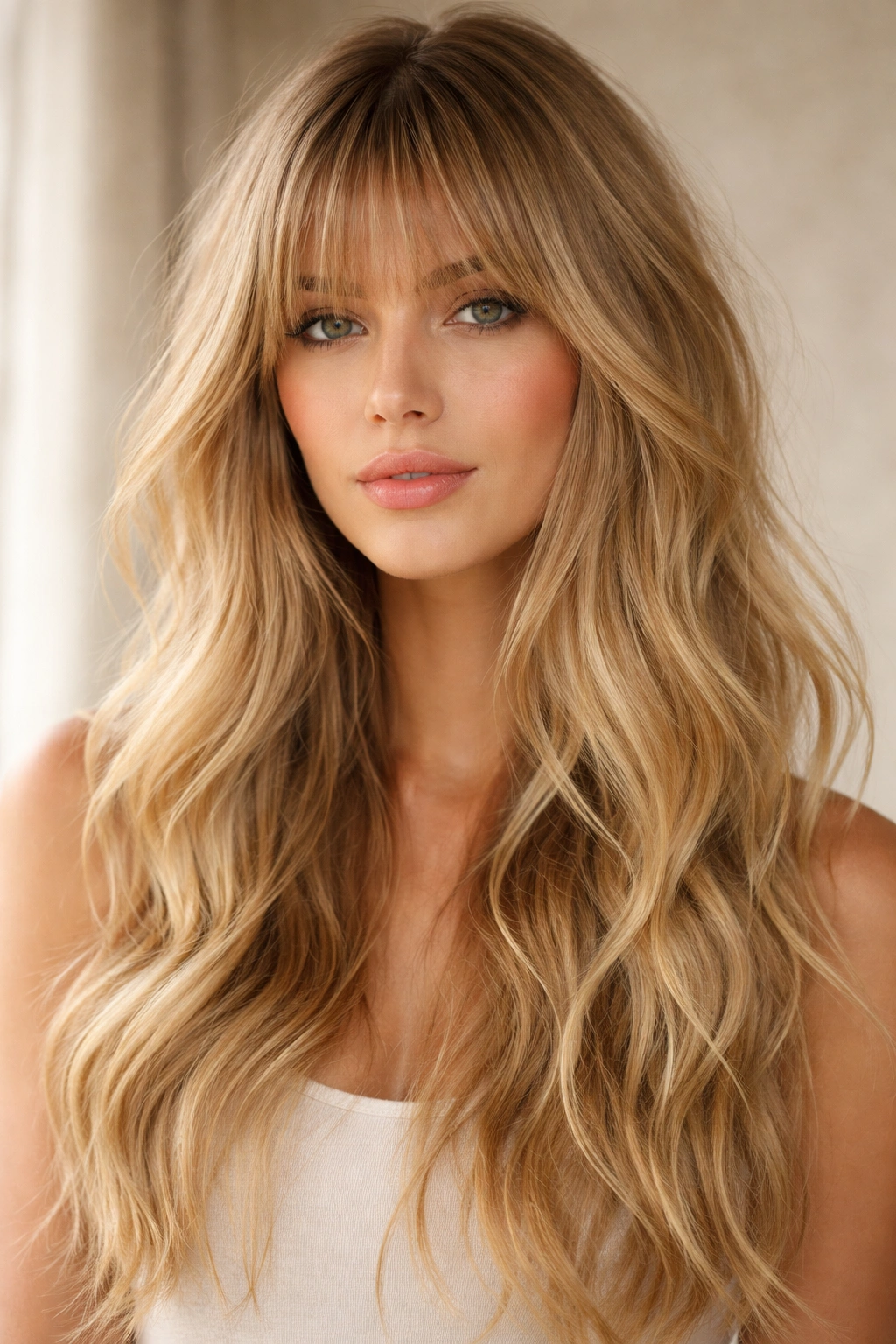 Blonde ethereal waves with razor-cut bangs and textured edges.