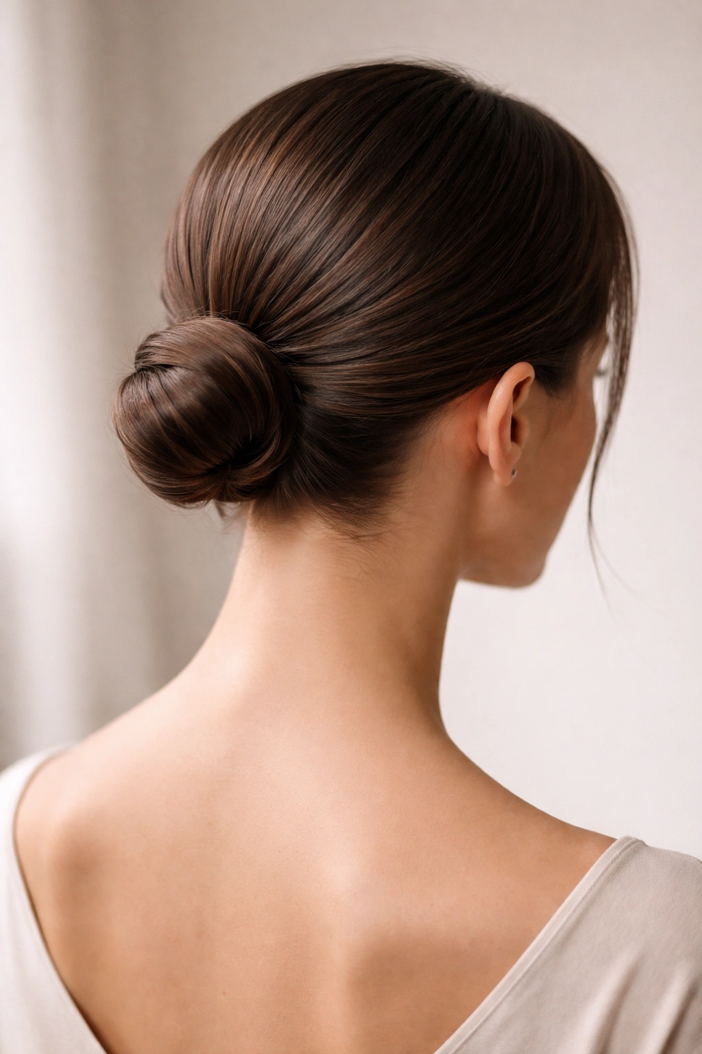 Sleek low bun positioned above the nape with exposed neck.