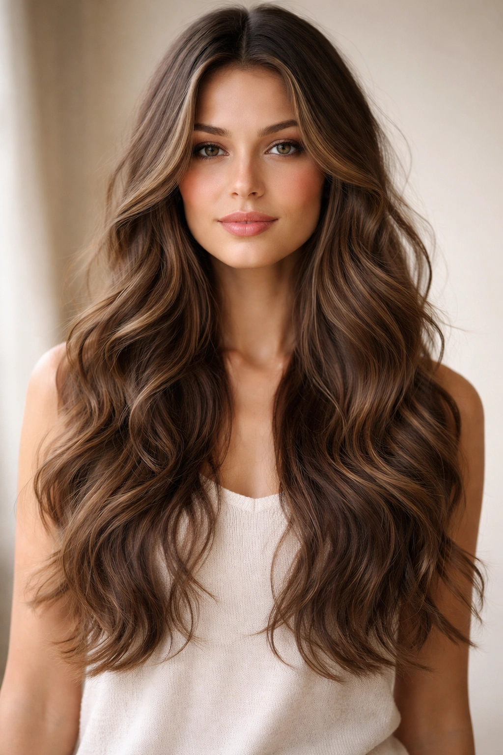 Long hair with subtle mid-back layered ends and flowing waves.