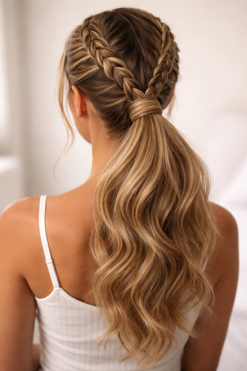 Ponytail with textured extension blended into double weave braids