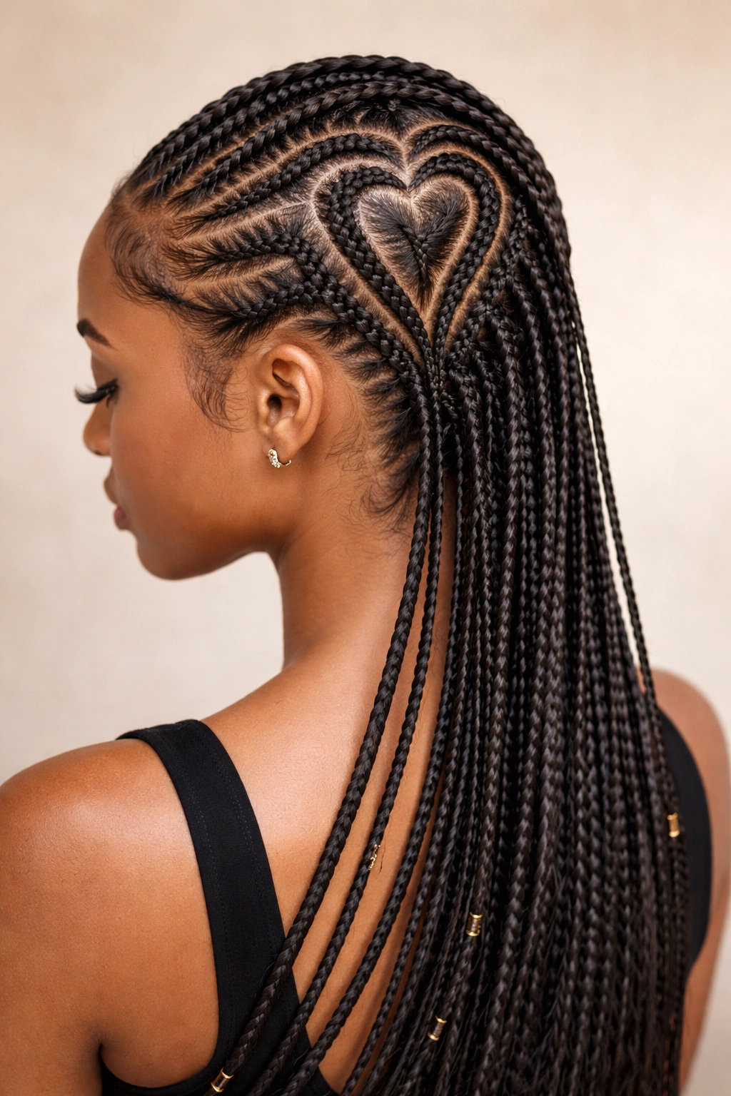 Heart-shaped cornrows with trailing braided extensions along the head