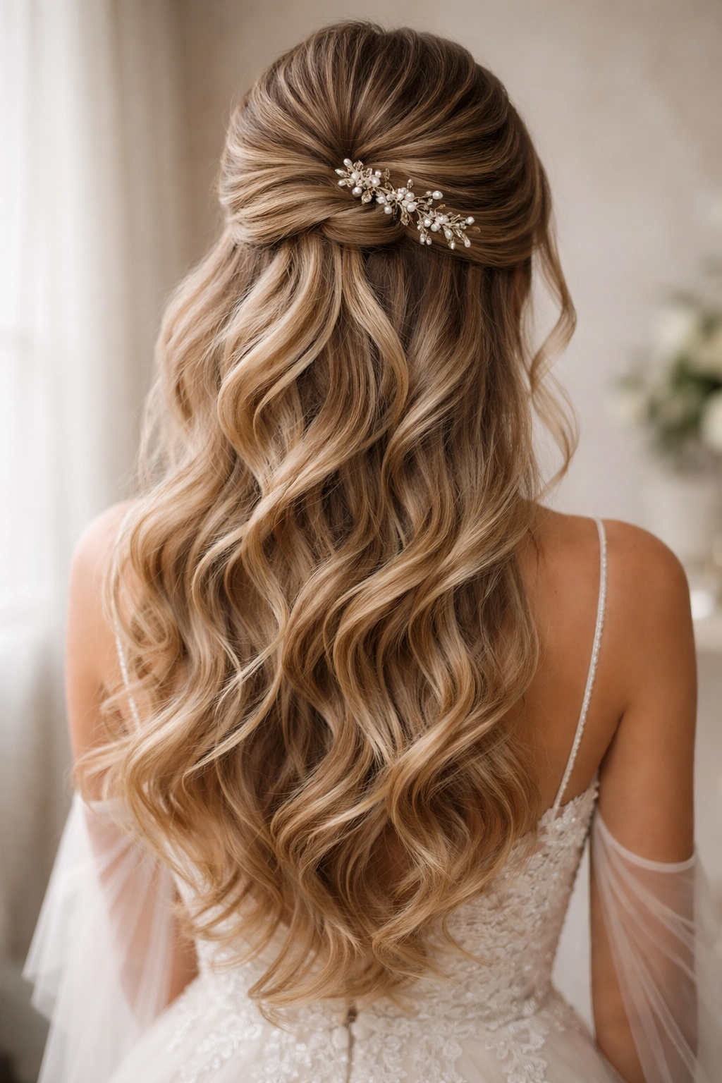 Close-up of bridal half up half down with layered extensions adding crown volume