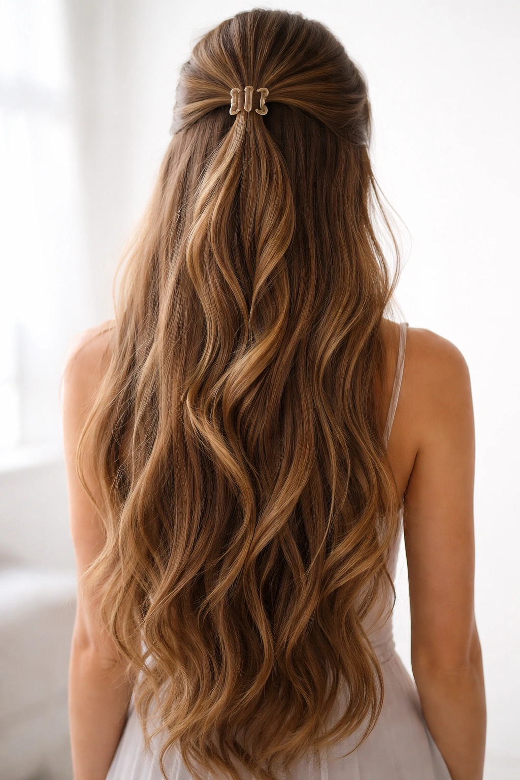 The Extra-Long Half Up highlighting long hair length below small clip