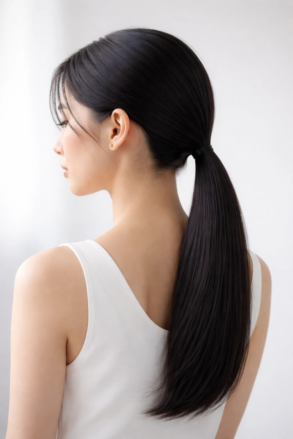 Ponytail positioned at the extreme low point below the neck