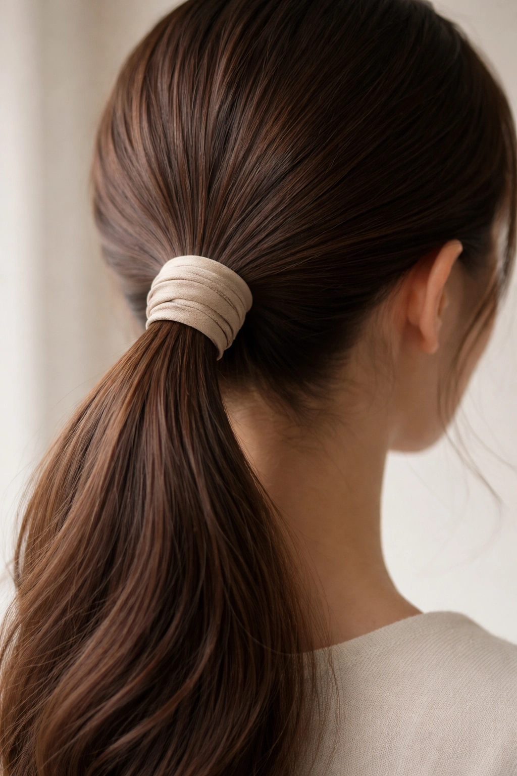 Close-up of a ponytail with fabric-wrapped elastic showing refined texture