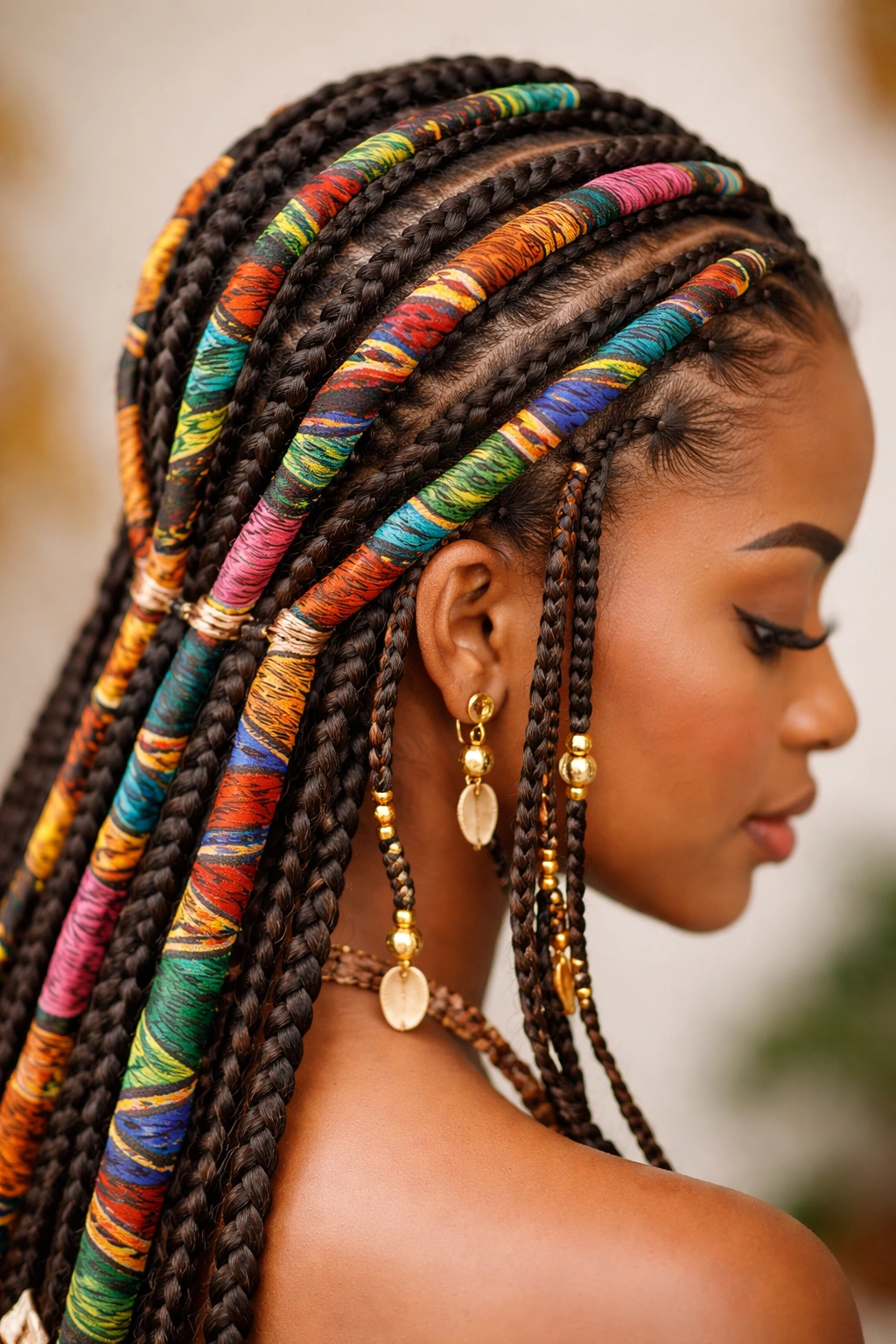 Fulani braids wrapped with colorful fabric strips