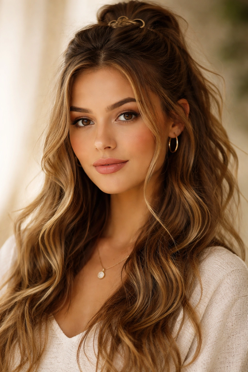 Face-framing loose pieces framing the face in a half-up wavy hairstyle