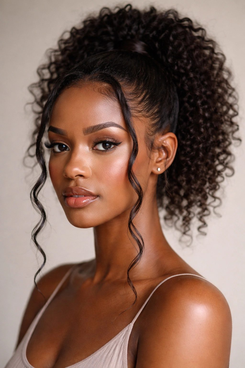 Close-up of a Black woman's high ponytail with face-framing tendrils and natural curls under soft studio lighting
