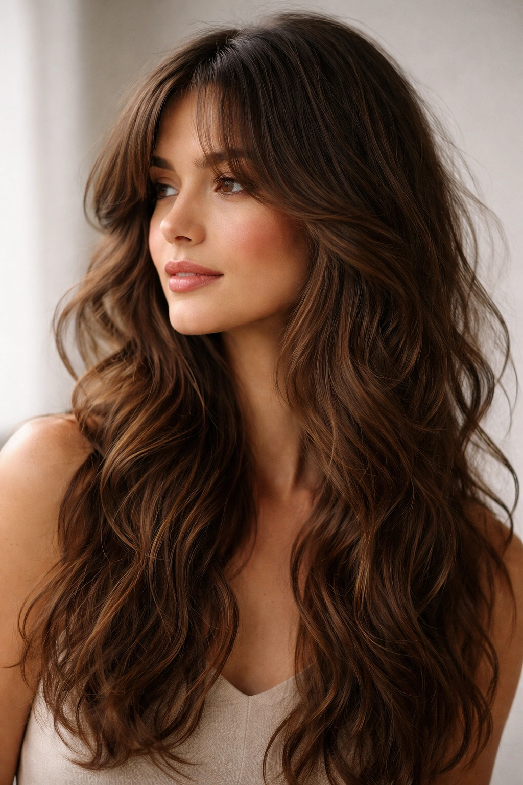 Side profile of face-framing curtain bangs with long waves