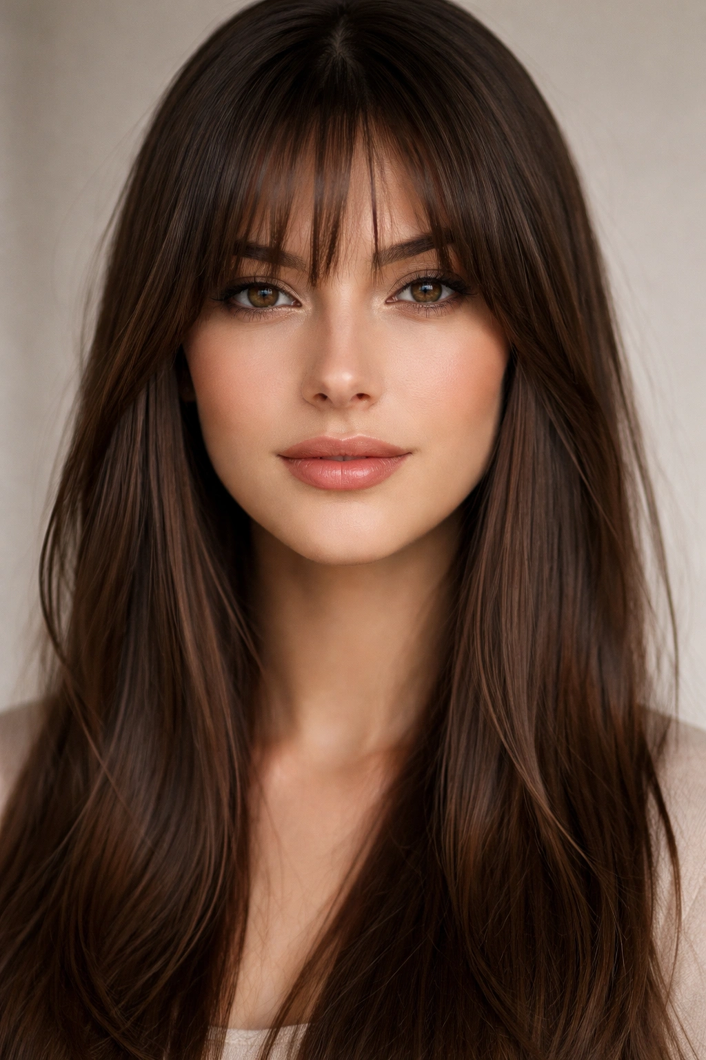Close-up portrait showing face-framing bangs on straight hair with temple-length fringe