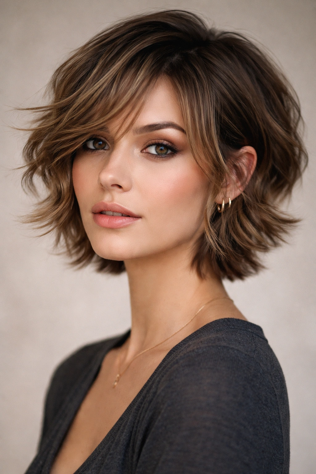 Face-framing wavy bixie with longer front layers creating a sculpted frame around the face