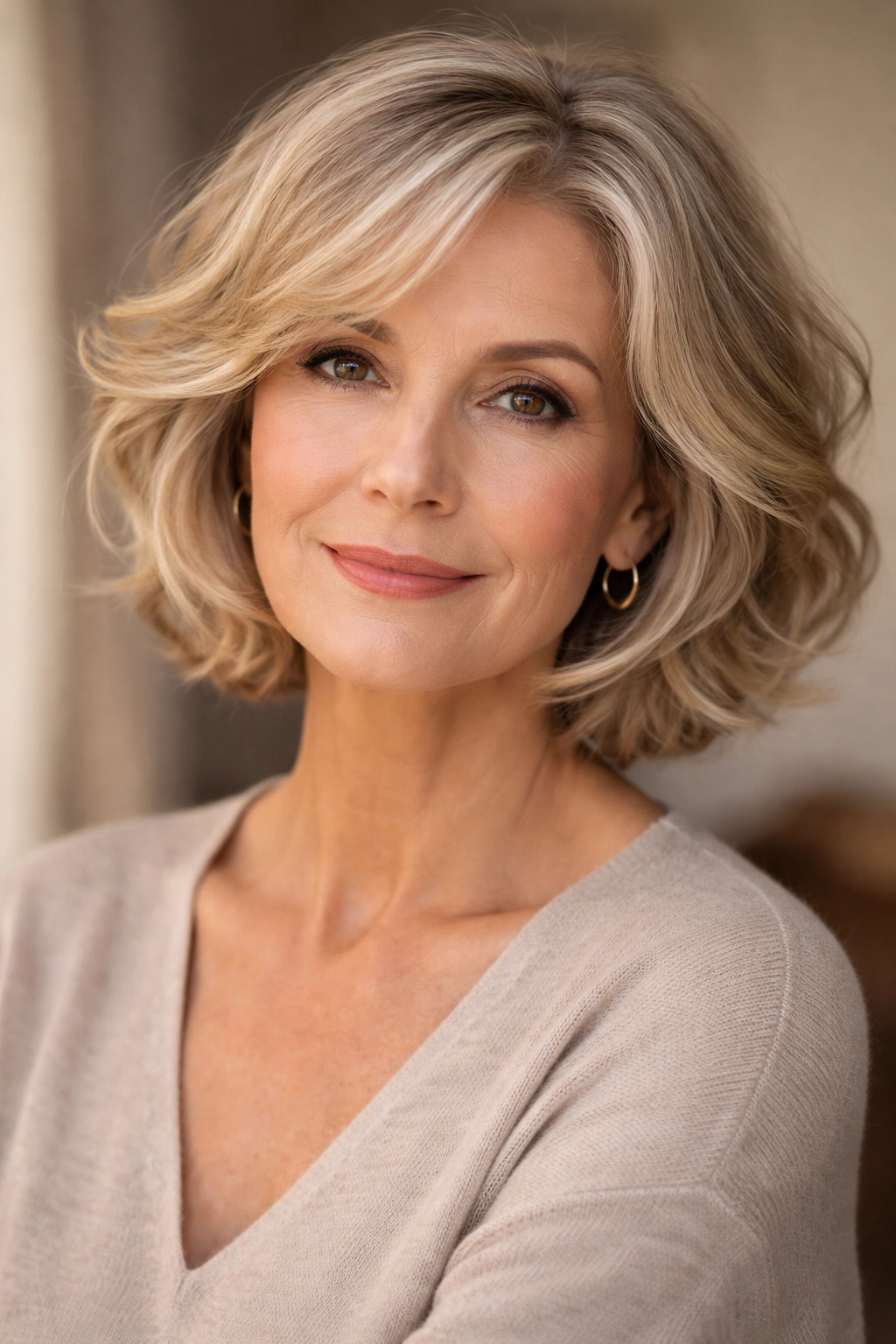 Face-framing wavy bob hairstyle on a mature woman