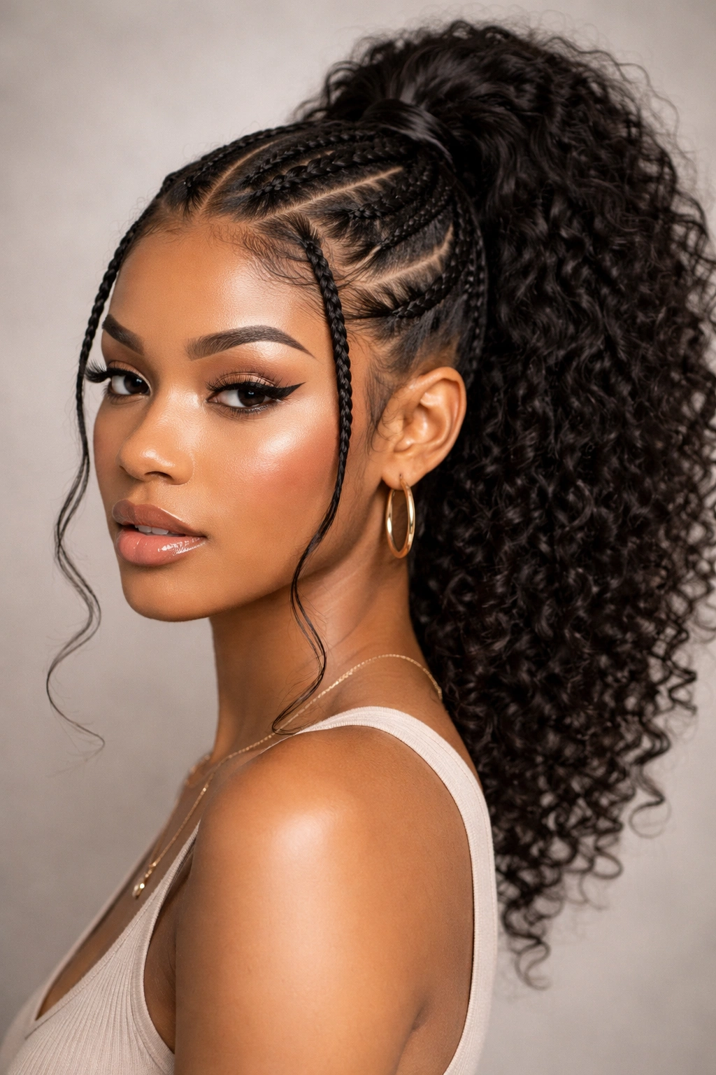 Close-up of face-framing feed-in braid ponytail on curly hair with a neutral studio backdrop