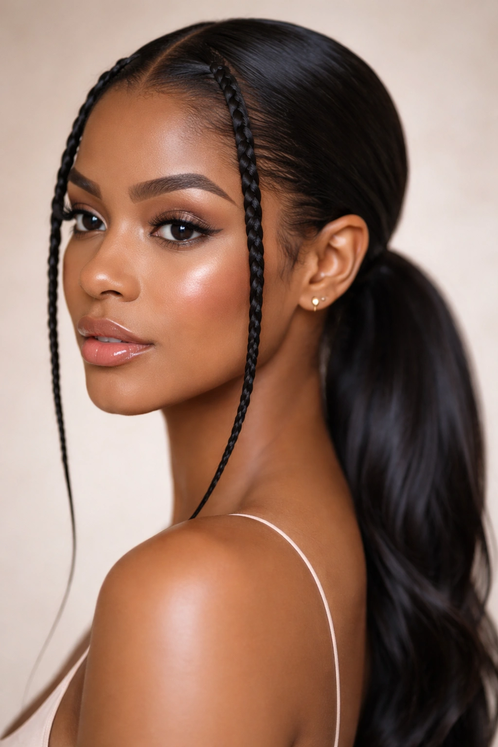 Close-up of two face-framing feed-in braids into a sleek low ponytail