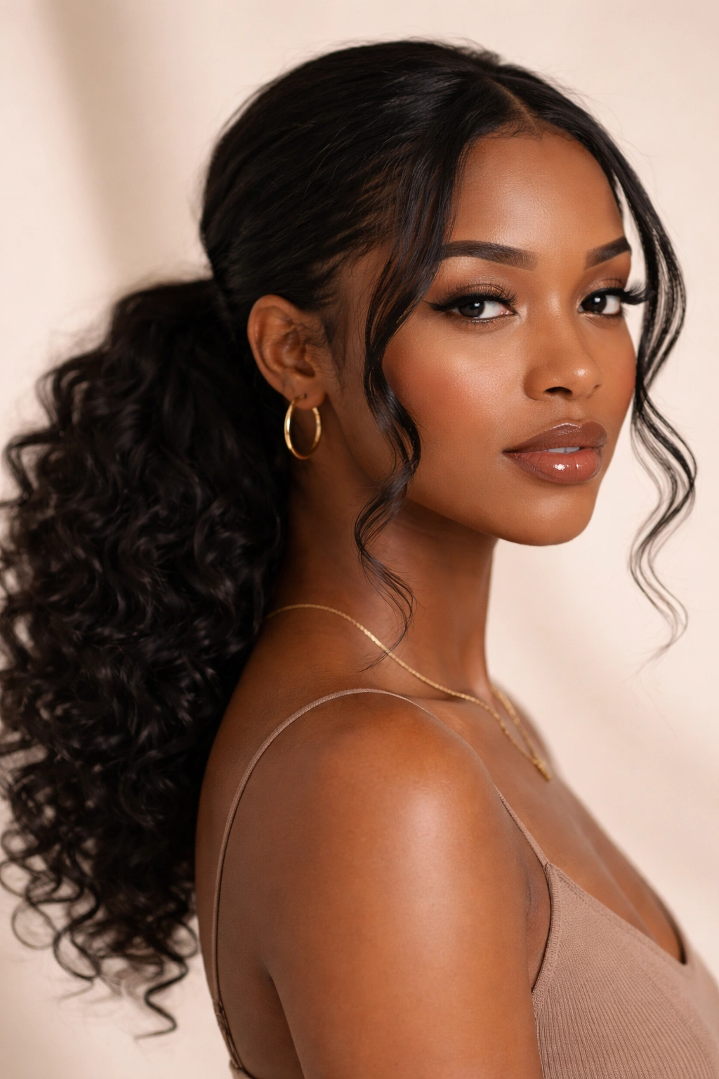Low ponytail with face-framing pulled-out curls around the hairline