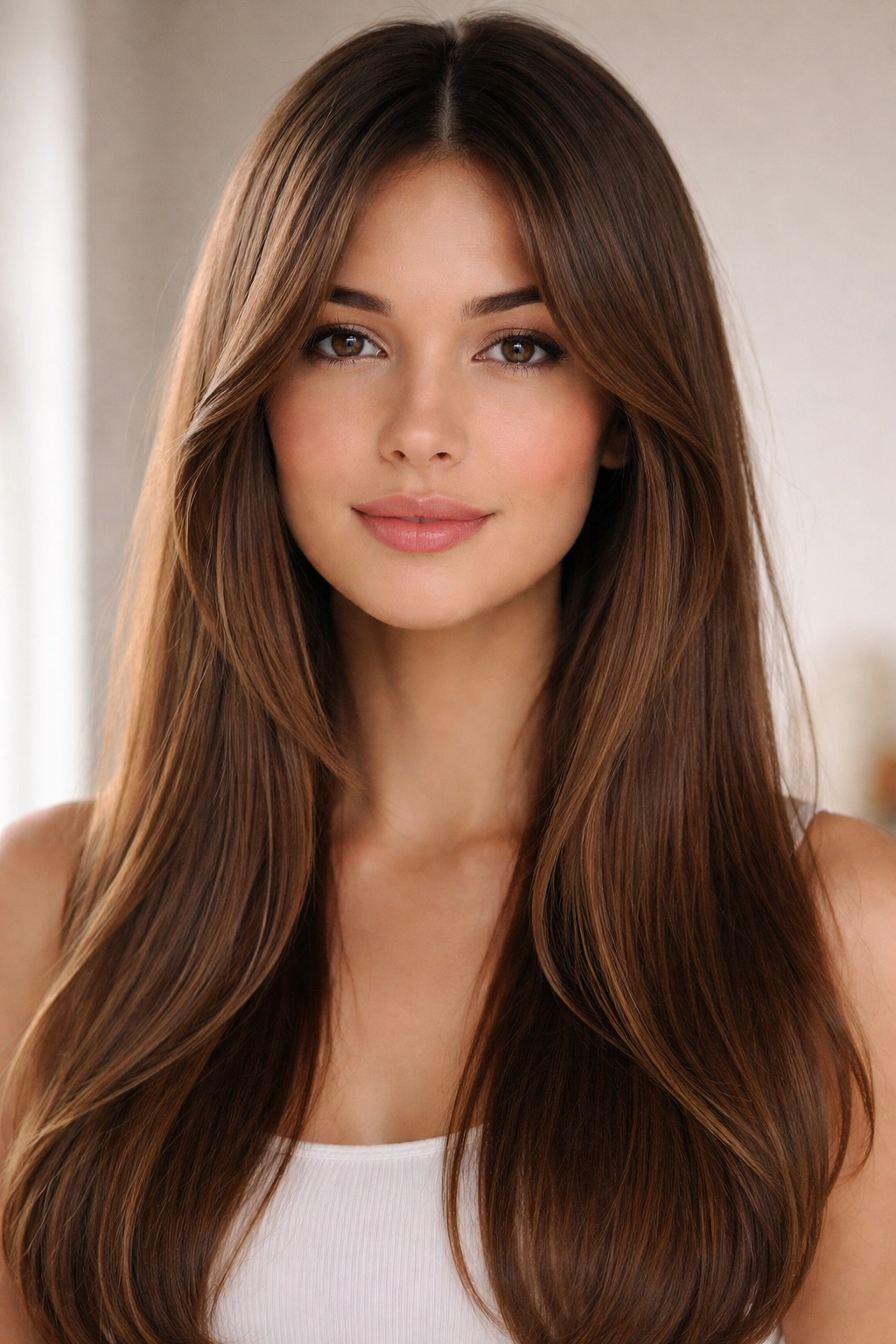 Hair curved face-framing sections near temples forming soft frames