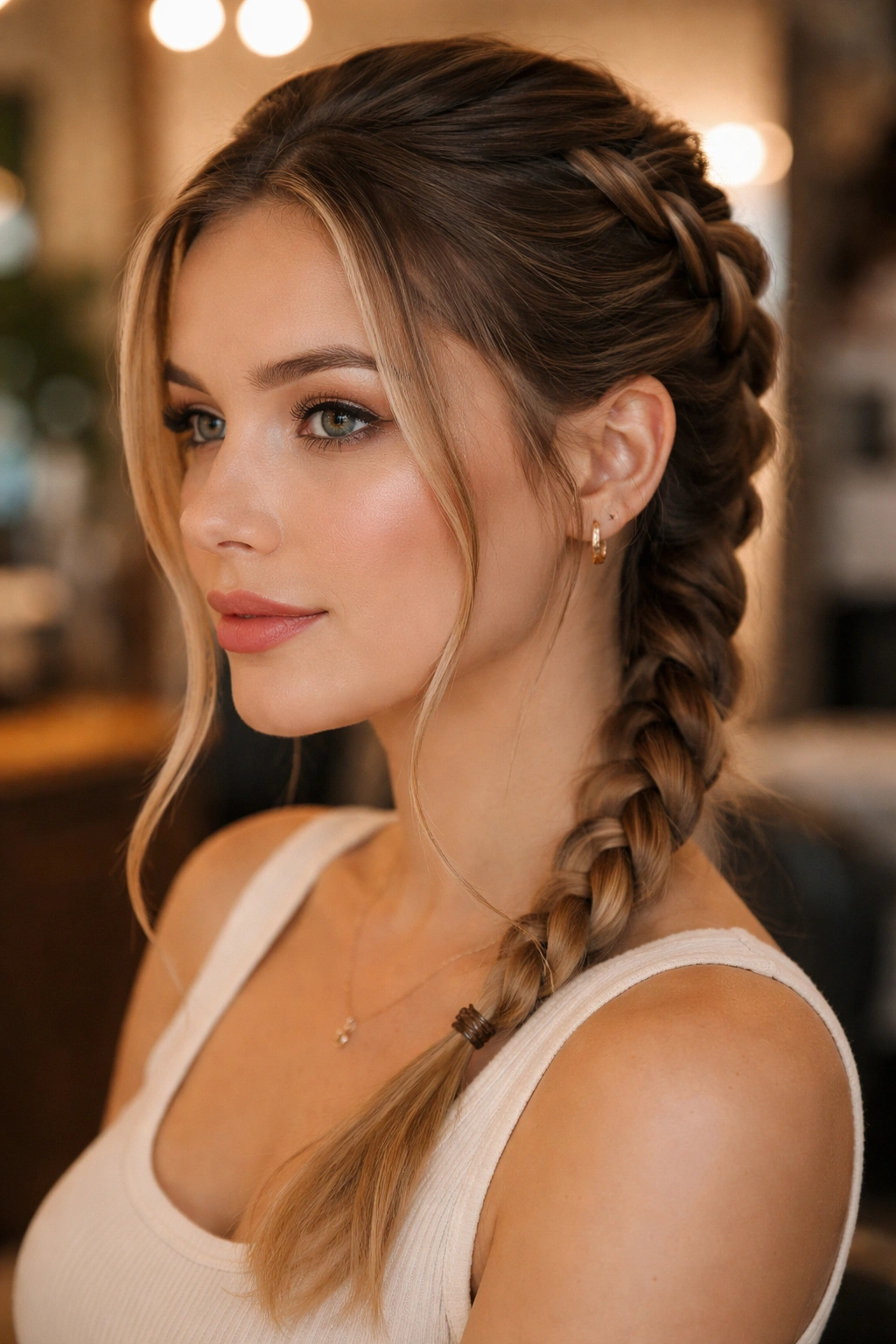 Three-quarter view of French braid with face-framing pieces near temples.