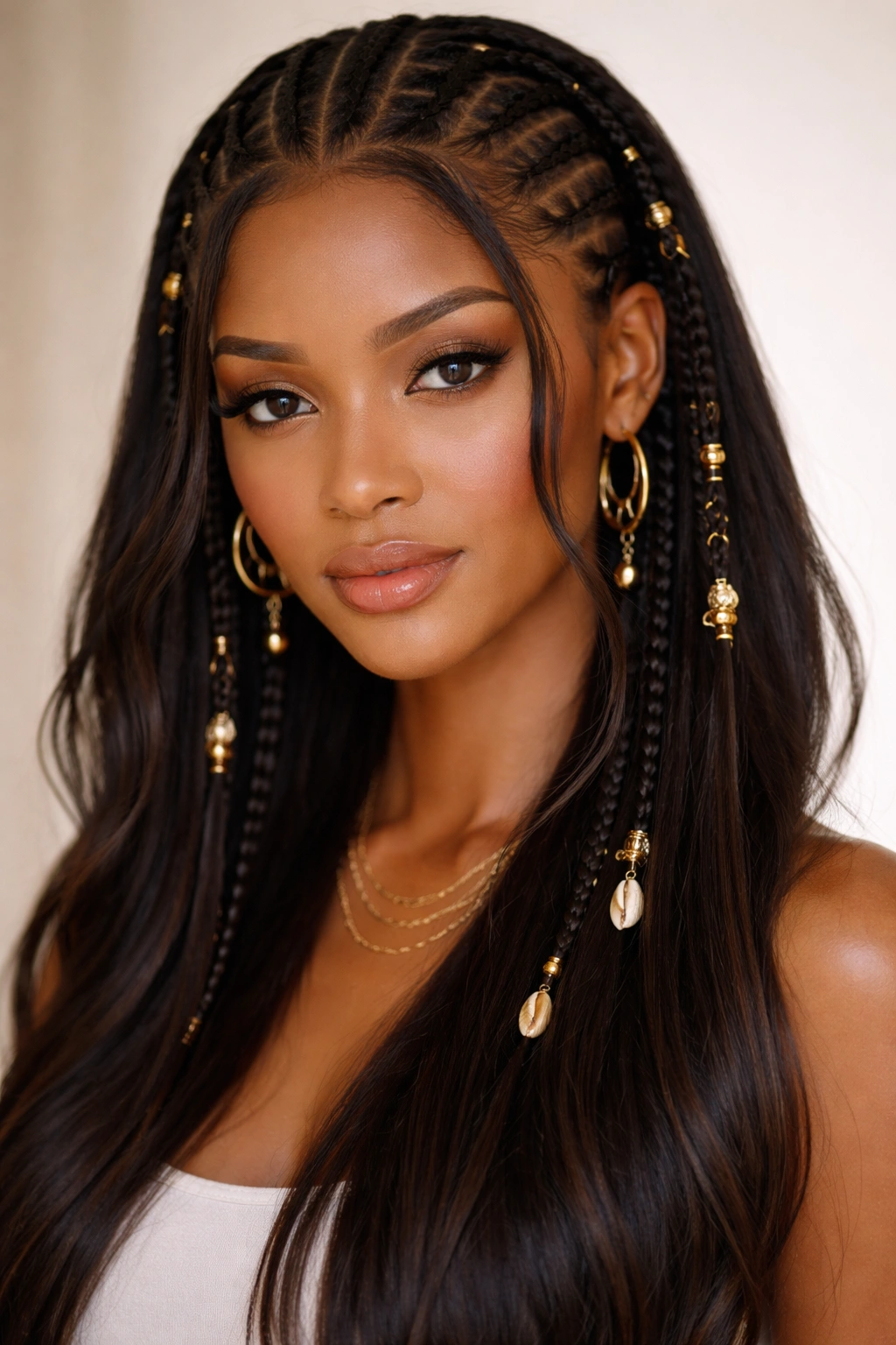 Fulani braids with face-framing pieces on straight hair