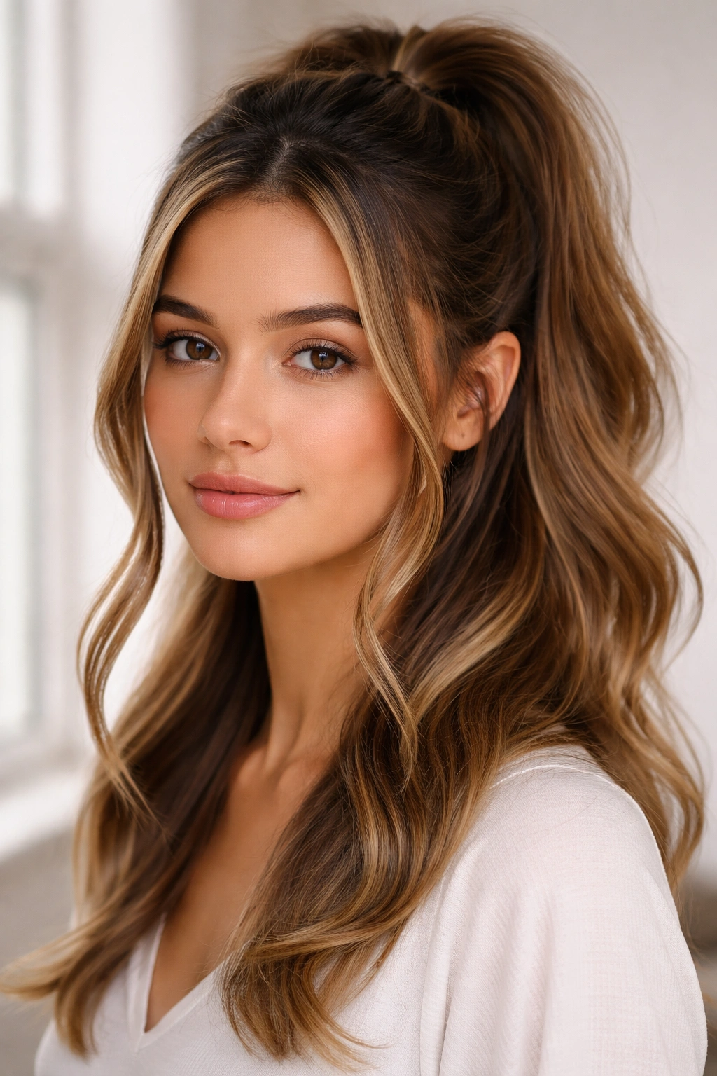 Face-framing half ponytail with loose pieces around the face