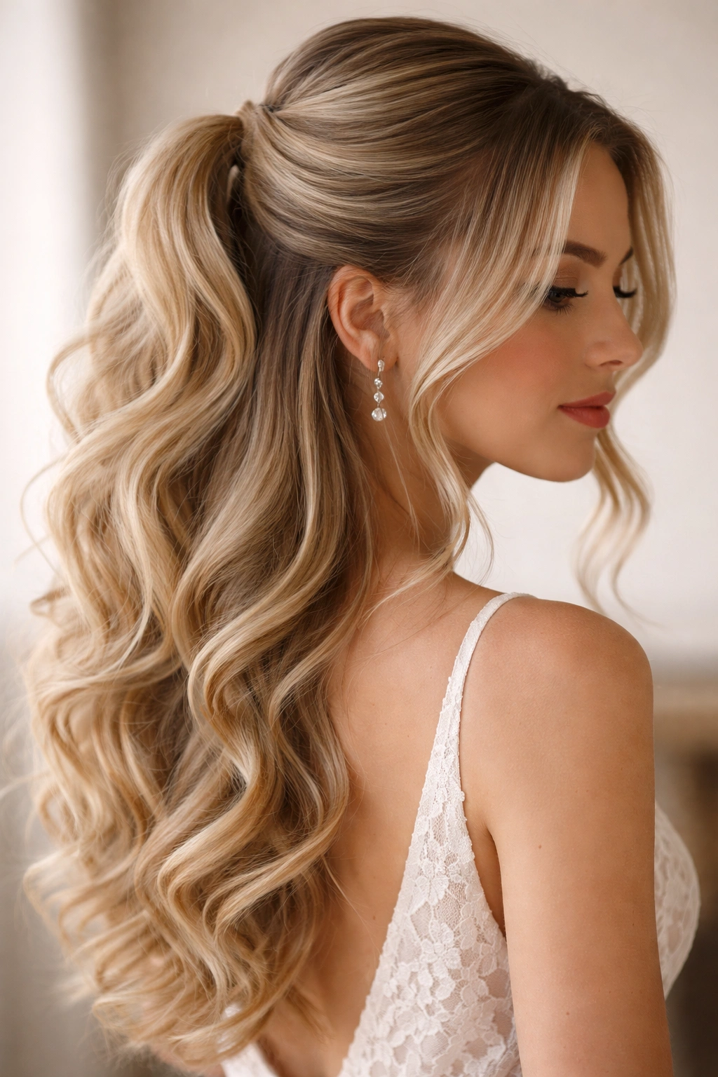 Face-framing half-up hairstyle with loose curls