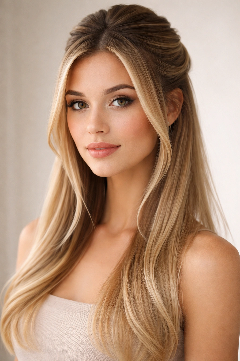 Half up hairstyle with face-framing layers around the face on straight hair