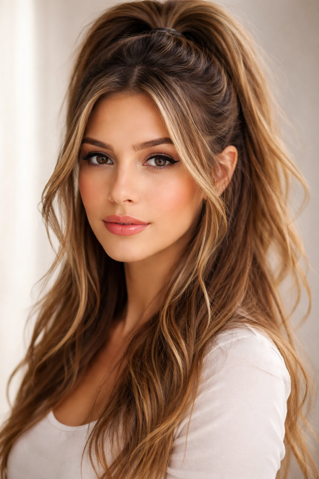Close-up of face-framing half-up hairstyle with highlighted strands