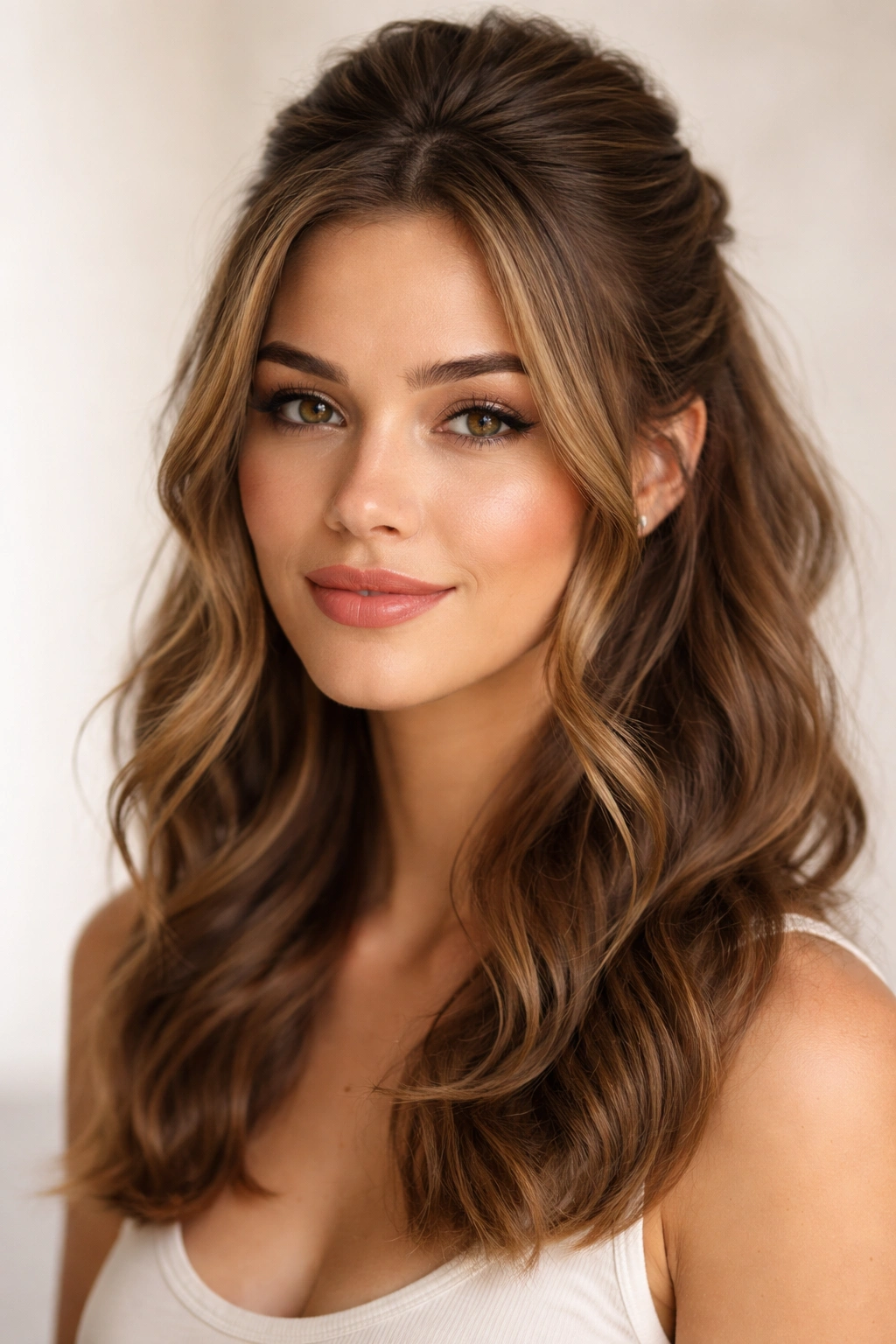 Portrait of a person with a face-framing half-up and loose curled pieces around the face