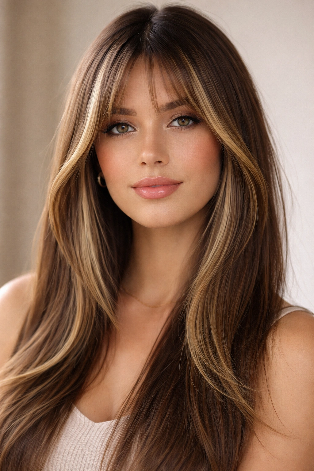 Hair with face-framing highlights and curtain bangs on straight hair