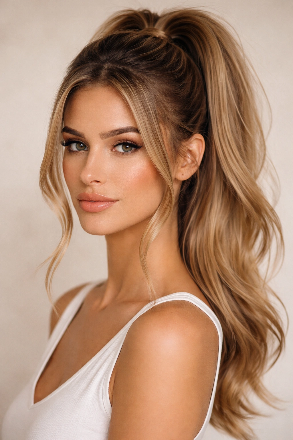 High ponytail with face-framing layers softly framing the face