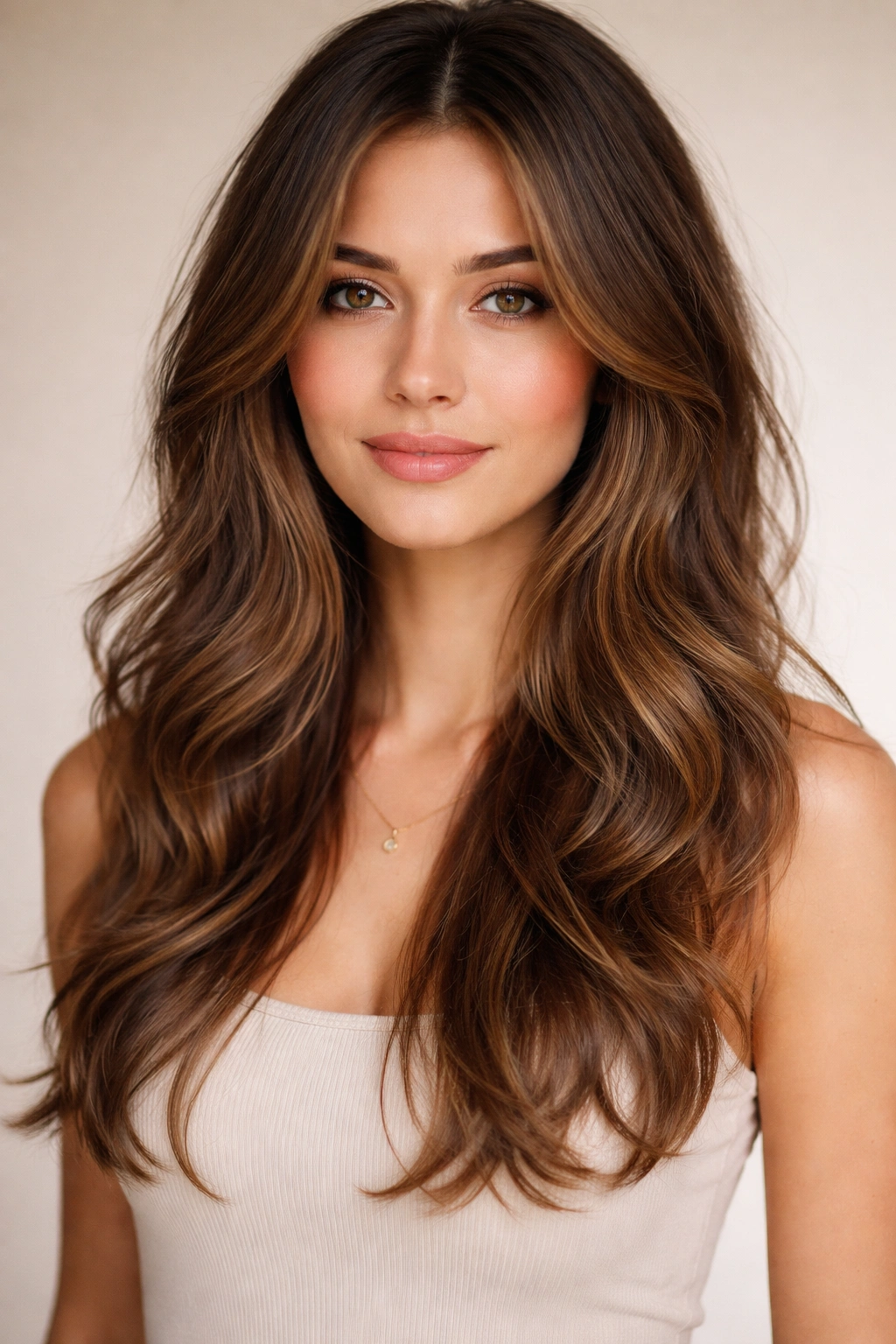 Face-framing layers on long wavy hair highlighting framing around the face