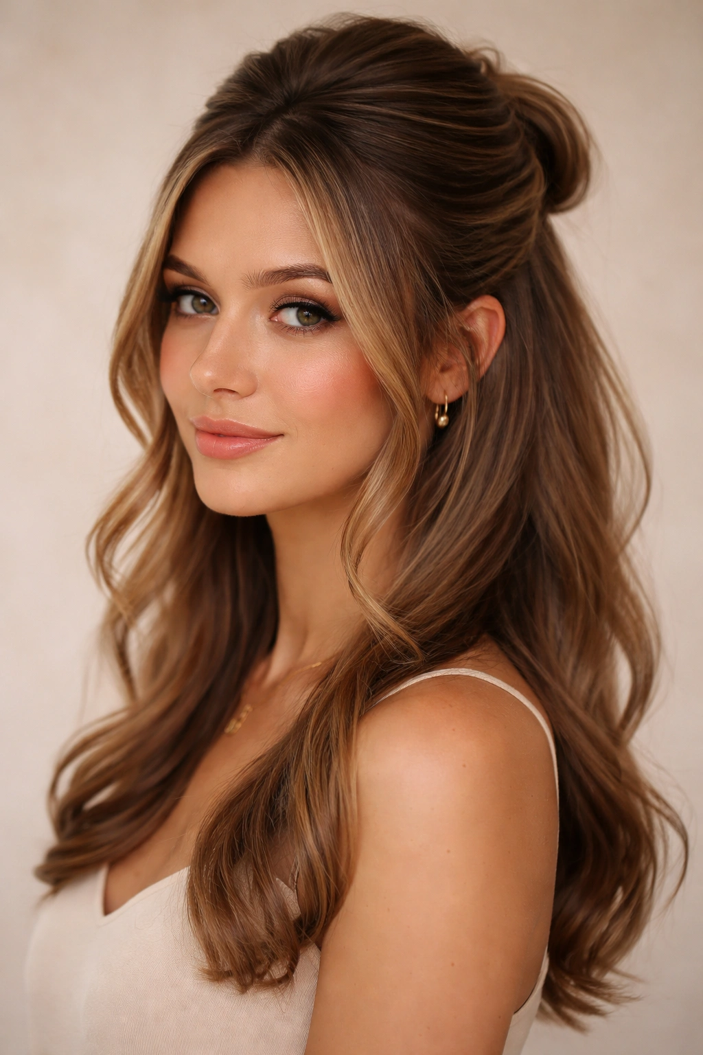 Face-framing layers in a half-up hairstyle with soft frame at temples.
