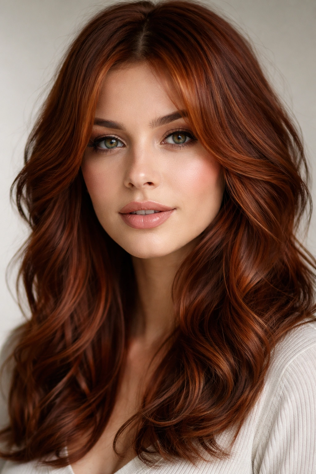 Red hair with face-framing wavy layers and subtle highlights framing the face.