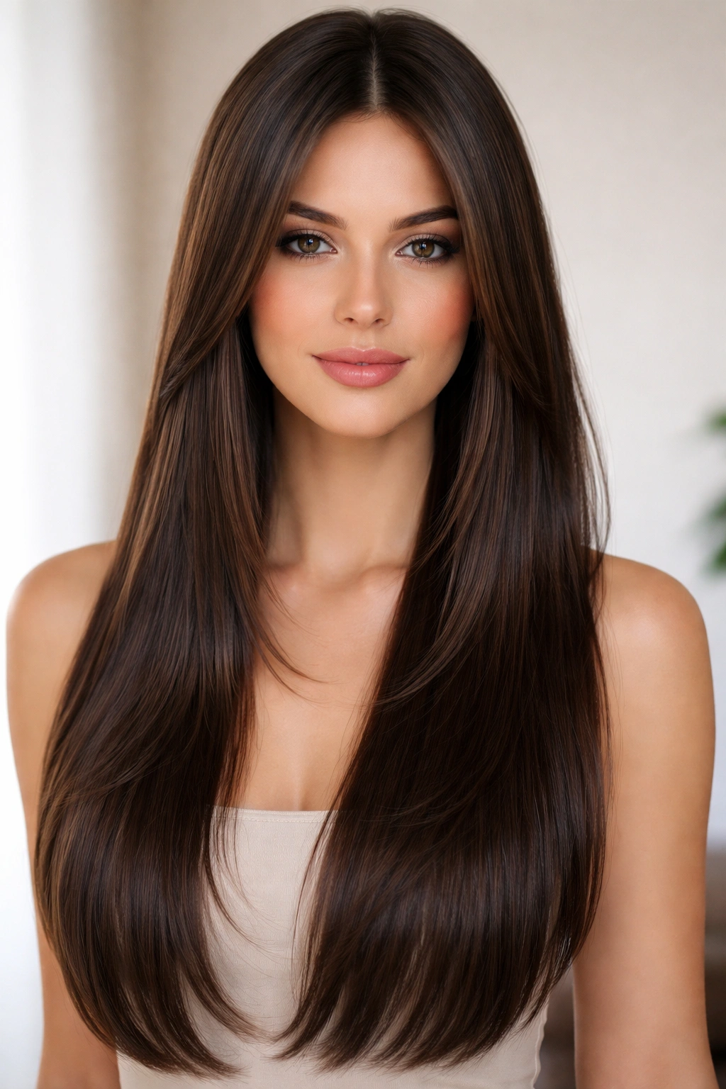 Long pin-straight hair with face-framing layers around the cheeks.