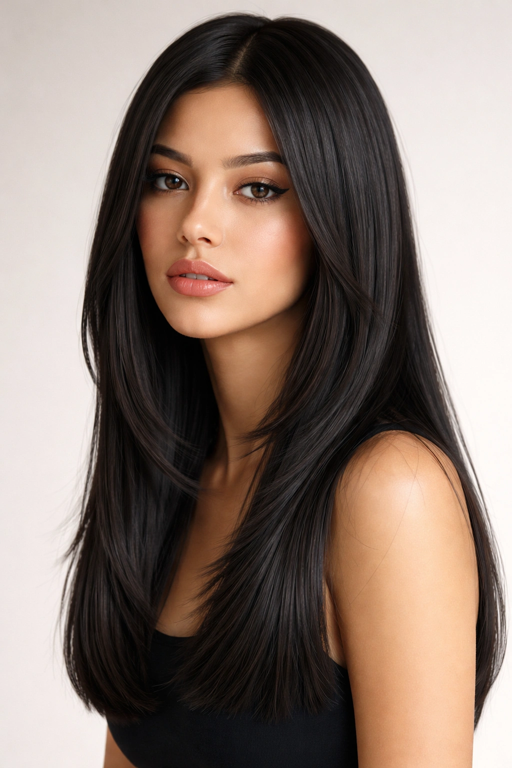 Face-framing layers on straight hair softly shaping around the cheekbones