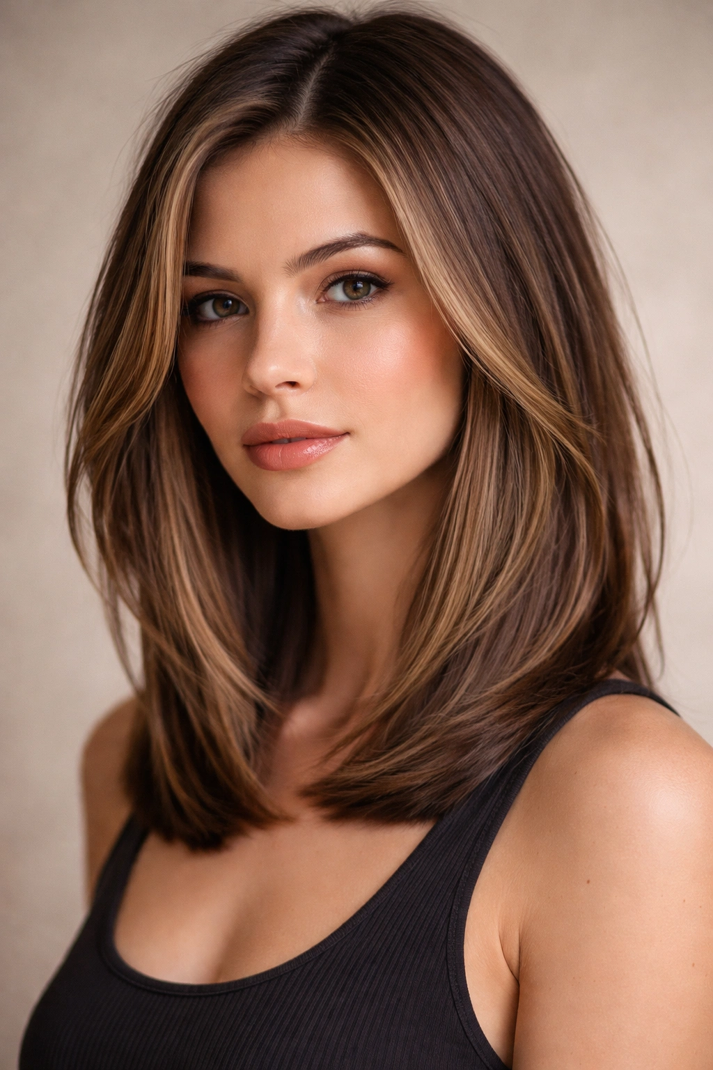 Face-framing layer lob with shorter front layers on straight hair