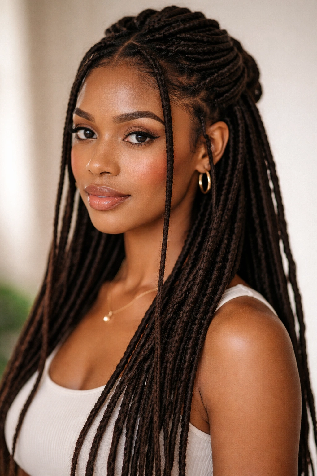 Face-framing locs with pulled-back crown in a soft half-up style