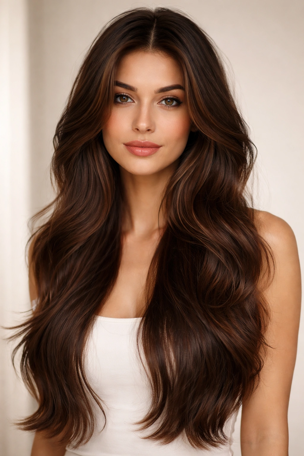 Portrait of brunette with face-framing layers and a long, lean bottom creating a sleek silhouette