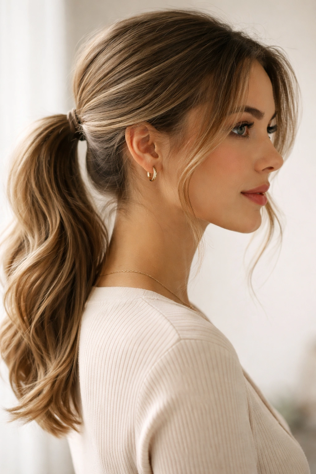 Side view of a low ponytail with face-framing pieces at the temples